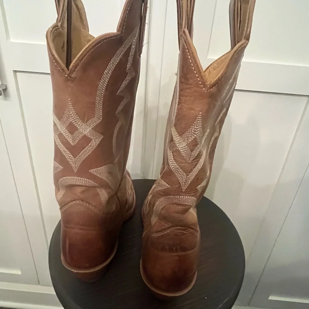 Justin Cowboy Boots Tan Leather Heeled - Picture 3 of 7